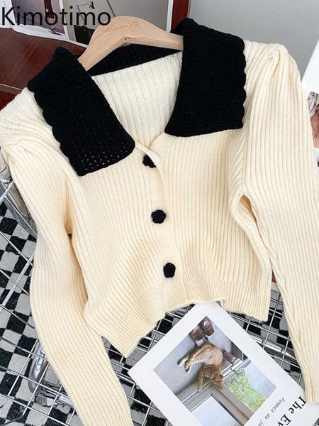 Kadın Sweaters Kimotimo tatlı kırpılmış kazak kadınlar 2022 Sonbahar Kontrast Renk Pop Kılıf Örtüsü Fransızca Fransızca Tüm Maç Uzun Kollu Ceket J220915