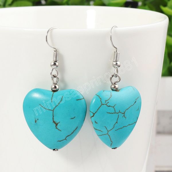 Богемские голубые каменные бусины Большие сердца свисают серьги для женщин ювелирные изделия винтажные тибельные серьги серебряного цвета