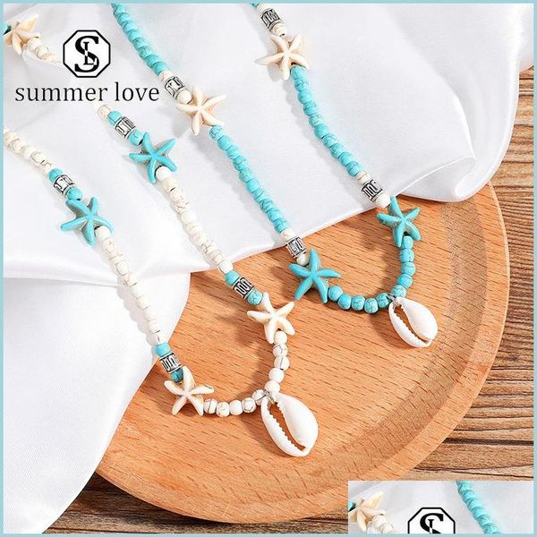 Anhänger Halsketten Trendy Starfish Shell Anhänger Halskette Grün Weiß Natur Stein Kette Choker Kragen Sexy Einfache Design Schmuck Für Dhosy