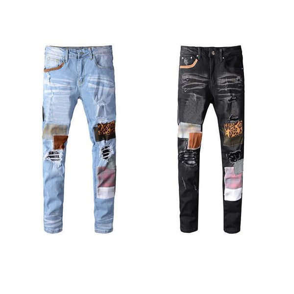 Herrenjeans Designer Classic Skinny Am hochwertig bedruckte Destruction Men Street Motorrad Ripped Black Blue Jean