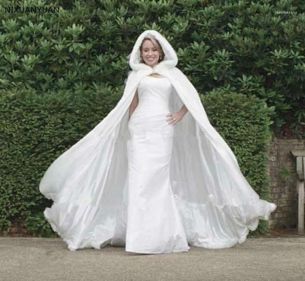 Wraps 2022 Winter-Hochzeitsumhang, Umhang mit Kapuze und Pelzbesatz, lange Brautjacke, Halloween für Weihnachten, Weiß, Elfenbein