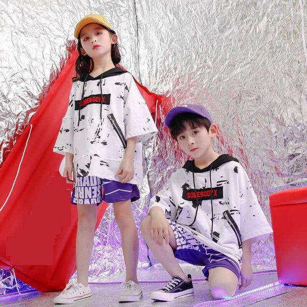 Abbigliamento da palcoscenico Costume da danza jazz per bambini Felpa con cappuccio Felpa Top Pantaloncini da corsa Abbigliamento hip-hop Abbigliamento da ballo per tamburi da ballo per ragazzi