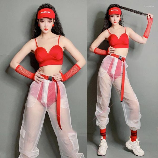 Sahne Giyim Seksi Caz ​​Hip Hop Dans Giysileri Kadın Kırmızı Bikini Şeffaf Pantolon Yetişkin Kutup Gece Kulübü DJ Kostüm DNV15339