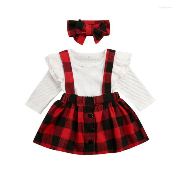 Set di abbigliamento Natale Bambini Vestiti per neonata 3 pezzi Top in maglia Pagliaccetto scozzese Stampa bavaglino Abiti per capelli