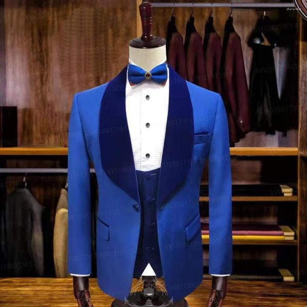 Erkekler Takımlar Erkek Düğün 3 Parça Özel Man Damat Takım Yemeği Smokin İnce Fit Kraliyet Blue Velvet Kuru Blazer Yelek Pantolon Pantolon Seti