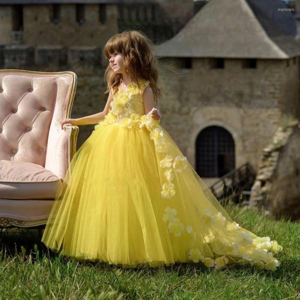 Mädchenkleider 2022 Prinzessin Helle gelbe Garten Blumen Mädchen für Hochzeitsballkleid Tüll kleine Kinderfestgebungen Kleider