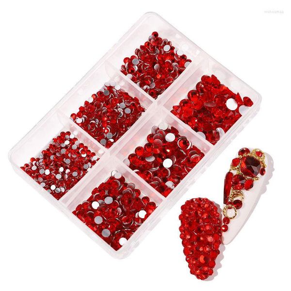 Decoraciones para uñas, 1 caja de diamantes de imitación de cristal con parte posterior plana de cristal rojo, decoración de diamantes deslumbrantes en 3D de varios tamaños, gema para manicura