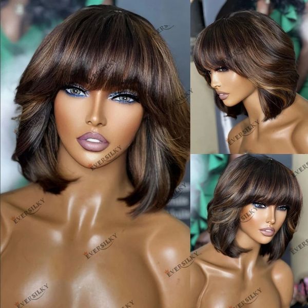 Human Hair Fringe Bob Destaque Remy Brasilian Machine fez perucas com top de seda 180 perucas de franja de densidade para mulheres negras