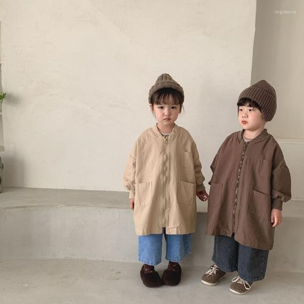 Cappotto Bambini Tinta unita Cerniera Trench di media lunghezza Giacche 1-6 anni Ragazzi e ragazze Tasche alla moda Cappotti a vento larghi Stile giapponese