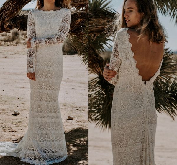 Hipple o pesco￧o vestido de noiva bo￪mio de renda aberta traseira traseira de trem praia de croch￪ renda de algod￣o de manga longa vestido de noiva