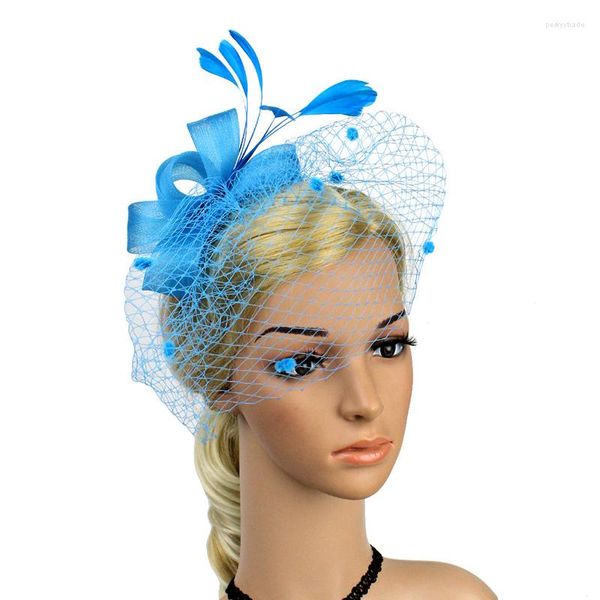 Copricapo Piuma sintetica Filati a rete Cappello Tinta unita Fascinator Matrimoni Tea Party Copricapo Ornamento per capelli per ragazze e donne LXH