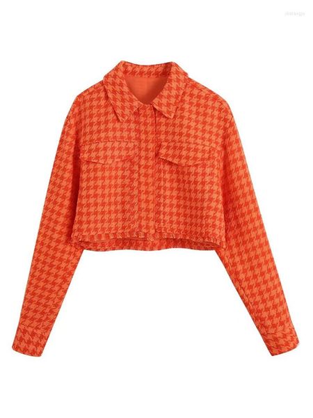 Frauenjacken Ever Chic Lady Fr￼hling Herbst Casual Turn-Down-Kragen Langarmorange Orange Short Womens Fashion Houndstooth Print Outwear