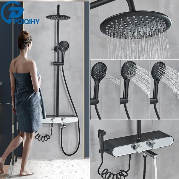 Badezimmer-Duschsets, schwarzes Thermostat-Wasserhahn-Set, Regen-Badewannenhahn mit Regalmischerventil, drehbarer Auslauf