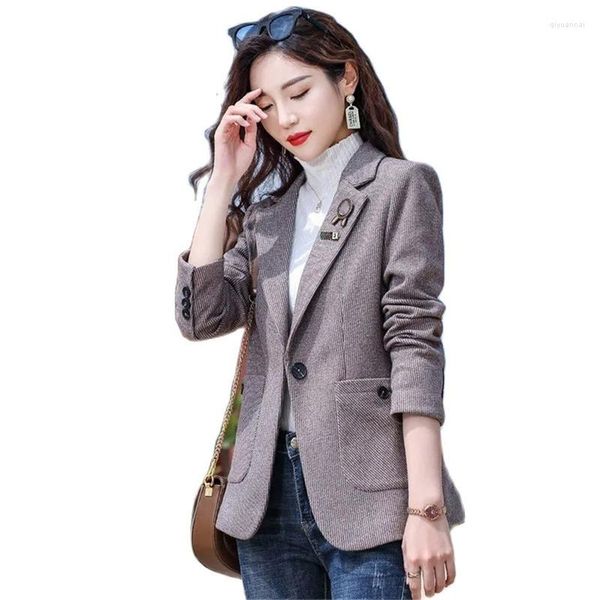 Ternos femininos Houndstooth Blazer Women Spring e outono bolso de bolso casual feminino capa de terno feminino cardigan elegante blusa fit slim