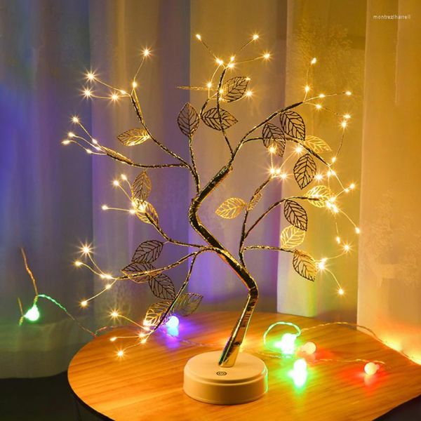 Lampade da tavolo Lampada da albero LED Luce calda Foglia oro Filo di rame Piccola batteria USB Decorativa universale