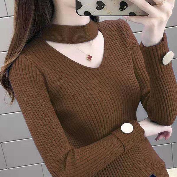 Suéteres femininos Sweater Slim Ladies Sweater Novo 2021 Autumn Winter mico de algodão Cotton Sweaters Hollow out elegante gola alta feminina toups de café Tops T2221019