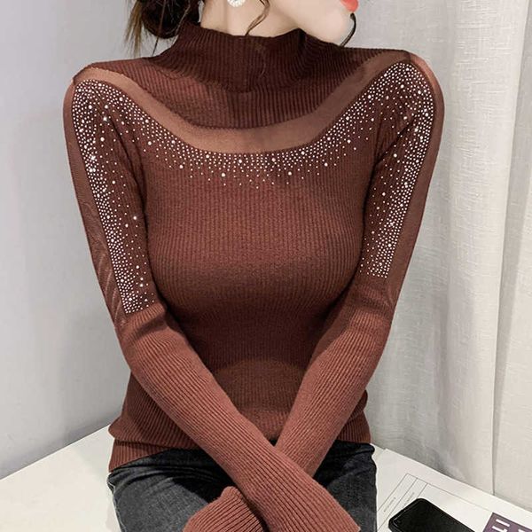 Camisolas femininas Novo 2021 Autumn Winter Turtleneck Mulheres de malha moda moda sexy Hot Diamond Women Pullover Tops Tops T221019