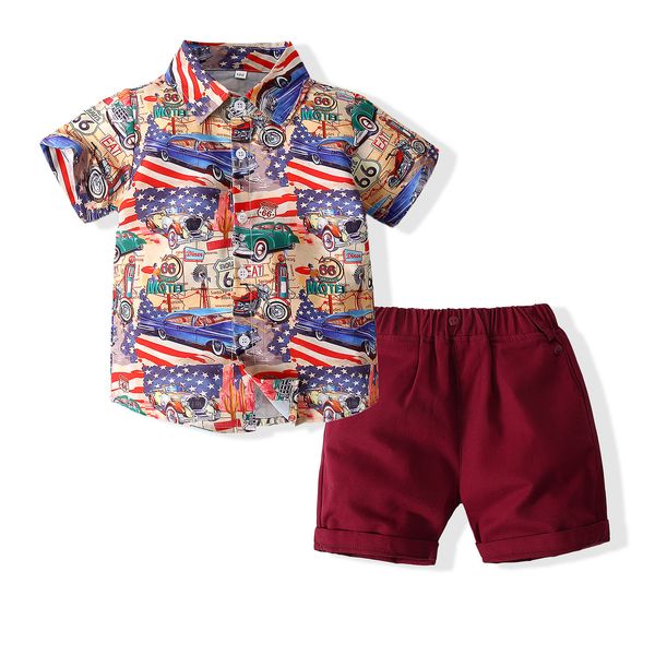 Conjunto de roupas infantis para meninos, conjunto de roupas de algodão com estampa de carro para crianças pequenas, camisa de botão de manga curta, shorts de cor sólida