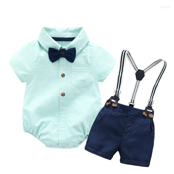 Set di abbigliamento Vestiti per neonati Nati Pagliaccetto a righe in cotone Fiocco Pantaloncini blu Bretelle Roba 0 3 mesi
