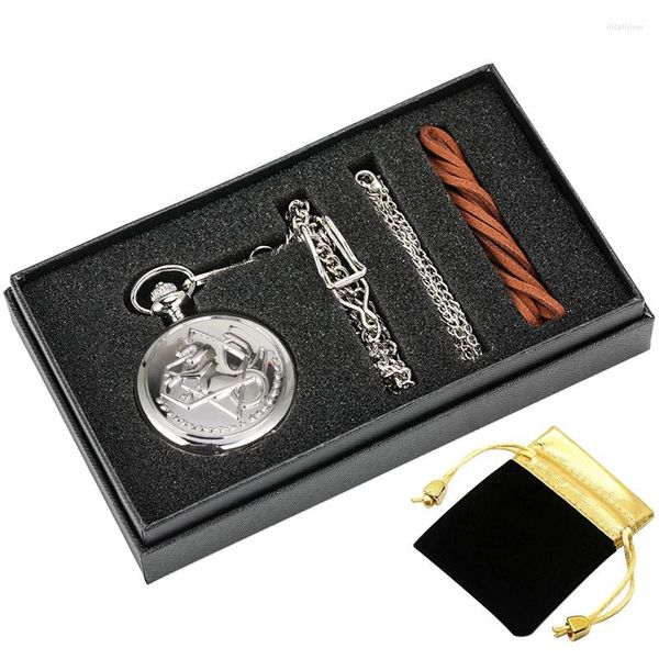 Relógios de bolso 5pcs/set fullmetal alquimista Silver relógio pendente de quartzo masculino Japão Japão Colar Fob Relógio Conjuntos de presentes de alta qualidade