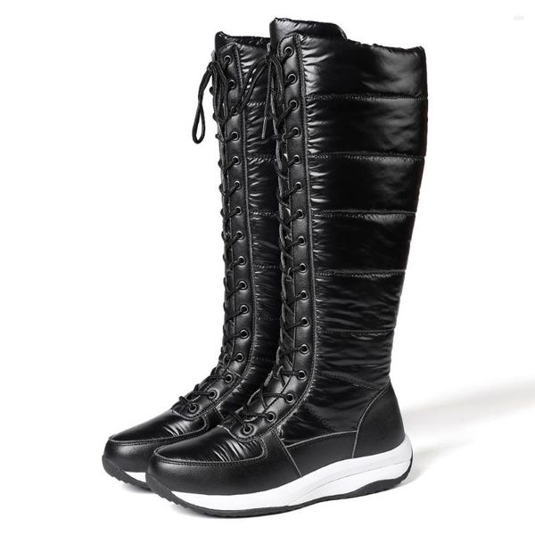 Stivali Moda Donna Inverno Vera pelle Stivali alti al ginocchio Cerniera Tacchi bassi Neve Donna Pelliccia Scarpe basse casual Nero Taglie forti