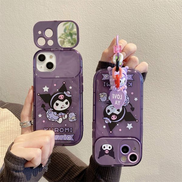 Karikatür Kuromi Zinciri iPhone 14 Pro Max Plus iPhone14 13 12 11 8 7 X XS XR Kickstand Sevimli Dekorasyon Tutucu Çok Fonksiyonlu TPU Kapak İçin Makyaj Aynası Telefon Kılıflarını Gizle