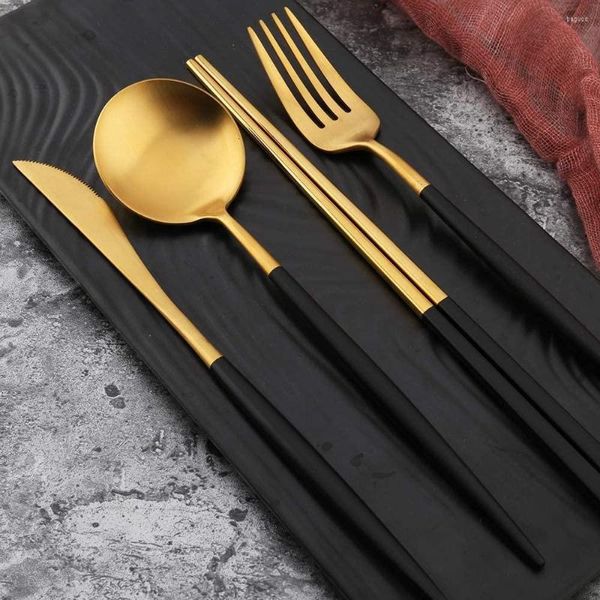 Bestecke Sets 4 PCs Premium 304 Edelstahlmesser -Gabel -Löffel Stäbchen -Set -Tischgeschirr Cutlery Tischgeschirr Gold Silber