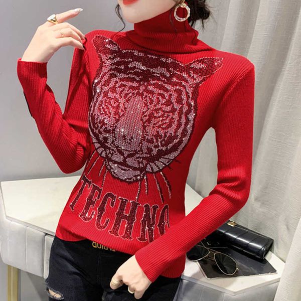 Camisolas femininas 2022 Roupas novas de malha Leopard Sweater Red Sweater Mulheres Luxo Rhinestone Diamons Diamons Feminino Streetwear T221019
