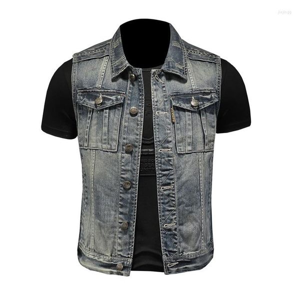 Gilet da uomo Gilet di jeans da uomo da motociclista Giacca di jeans senza maniche da cowboy vintage Moda monopetto Casual Gilet Primavera Autunno