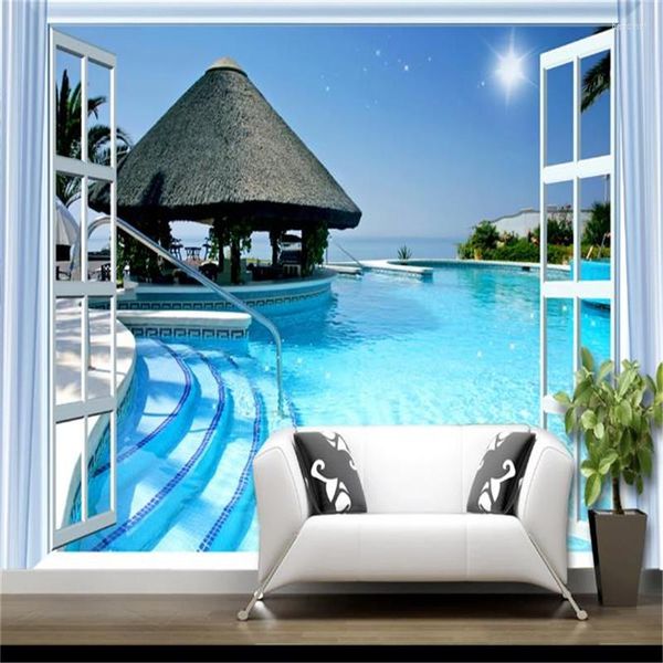 Papéis de parede 3d Cobertão de parede Piscina de parede Piscina azul céu marinho Vista à beira -mar à beira -mar decoração de parede de decoração de parede de decoração de parede mural