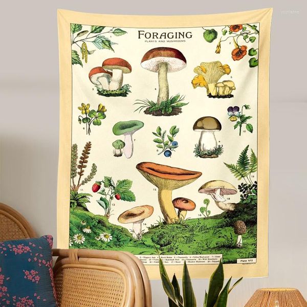 Taquestres Plantas e cogumelos Tapestry Retro Poster Flor Ilustrativo Gráfico de referência Parede pendurada para sala