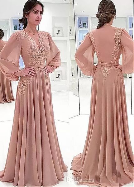 Abiti per la madre della sposa champagne manica lunga scollo a V corpetto illusione applicazioni in chiffon fusciacca abiti da sera da donna taglie forti