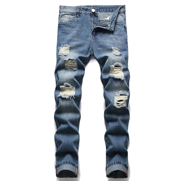 Jeans strappati da uomo slim fit Primavera Autunno Pantaloni dritti elasticizzati con foro distrutto Pantaloni in denim stile street fashion Pantalones