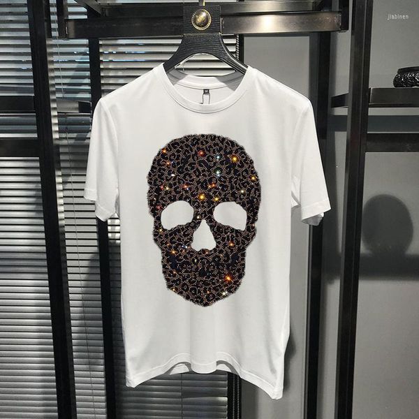 Camisetas masculinas M-5xl Personalidade de alta qualidade Rhinestone Skull Men's Short Manga Slim Trendy Design Marca T-shirt