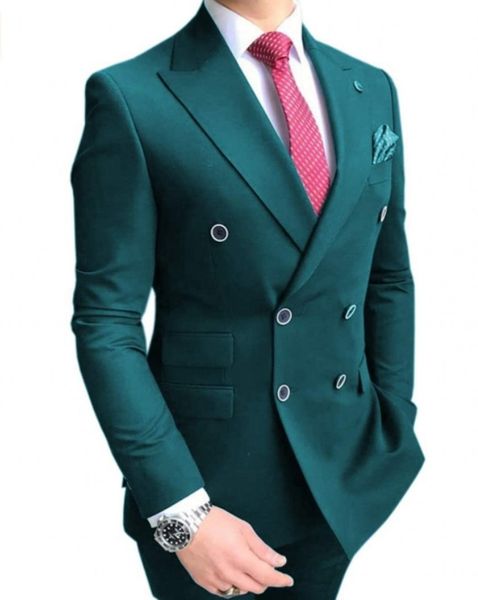 Excelente pav￣o azul noivo mato masculino vestido de noiva pico lapela de peito de peito duplo Blazer Prom Dinner/Darty Terno