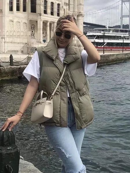 Gilet da donna Collare alla coreana Verde militare Parka Gilet da donna 2022 Autunno Inverno Casual Cerniera senza maniche Spessa Tasche calde Cappotto