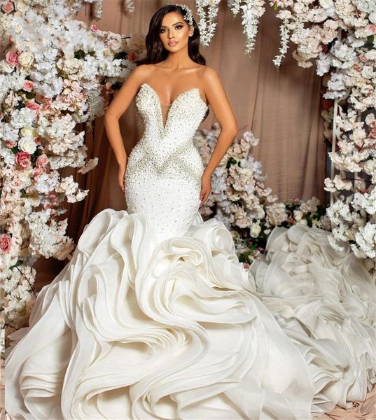 Vestido de noiva de sereia de luxo grande trem tule renda de renda de cristal diamantes vestido de noiva vestidos de novia 2023 manto feito de mariee