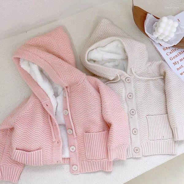 Jacken Winterkleidung Mädchen Verdickte Kapuze Fleece Pullover Jacke Kinder Lamm Knopf Kordelzug Design Warme Strickjacke Mantel