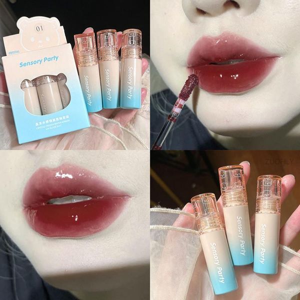 Brilho labial 3 pçs/conjunto Cristal Frozen Water Mirror Glaze Velvet Matte Mud Not Fade Transparent Glass Liquid Lipstick Makeup