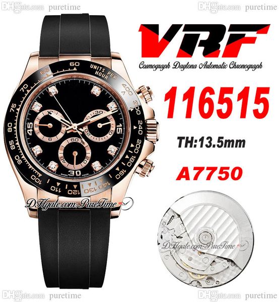 VRF 11651 A7750 Cronografo automatico da uomo Orologio in oro rosa 18 carati 904L Acciaio Diamanti neri Quadrante Oysterflex Cinturino in gomma Super Edition Stessa serie Carta Puretime N13