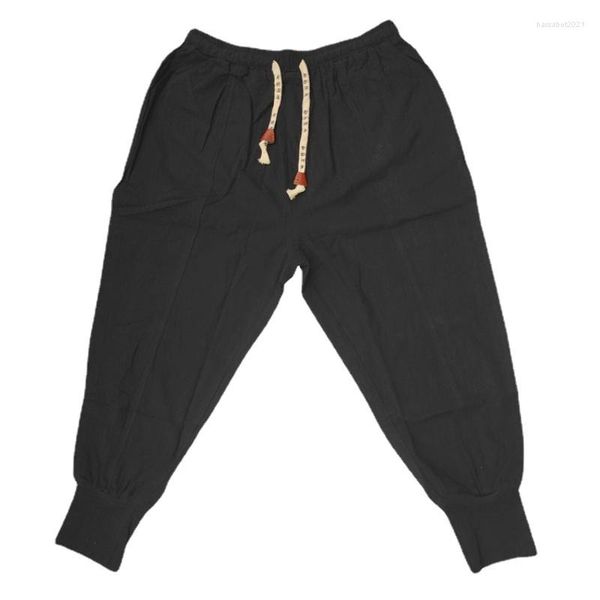 Calça masculina de linho de quadril harém harém de algodão harém sólido cintura elástica de rua de streetwear baggy groth-grochs casual calças