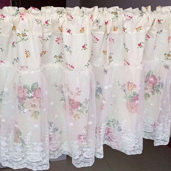Cortina de cortina de algodão rosa claro e rosa floral bordado branco beliche de beliche casa decorativa decorativa à prova de poeira curta