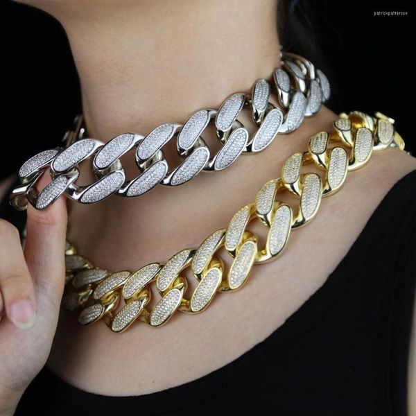 Choker Iced Out Bling Cz Curb Link Chain Golden Silver Color Rhinestone Miami Hip Hop Cuban 30mm Necklace Women's Rap Gifts Jewelry