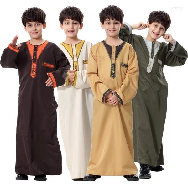 Etnik Giyim Bianfeng Boy Çocuk Müslüman Arap Abaya Dubai Suudi Teenage Thawb Kaftan Gevşek Uyum Kısa Kollu Katı Çöp Yaz