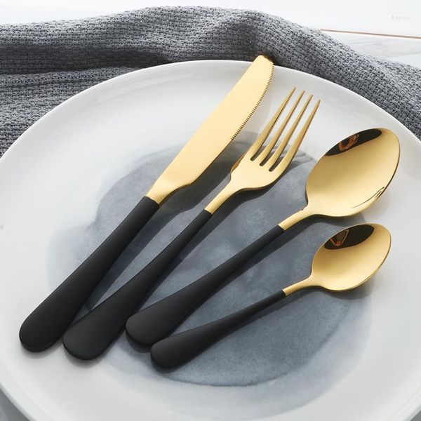 Conjuntos de talheres 4pcs Conjunto de aço inoxidável 18/10 Western White Gold Dinnerware Black Handle Cutleries Dinner Fnife Fork