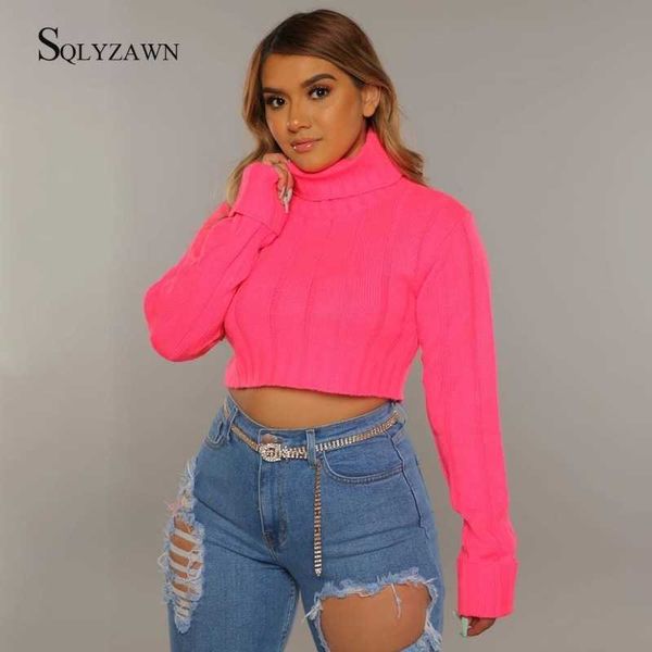 Damenpullover Frauen Rollkragen Neon Pink Orange Langarm Pullover Crop Top Herbst Winter Sexy Streetwear Strickpullover Kawaii Club Kleidung T221019