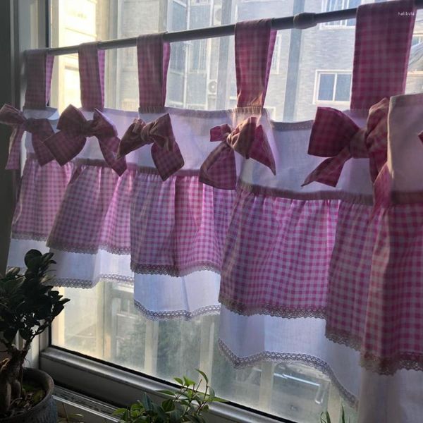 Vorhang im koreanischen niedlichen Stil, rosa/grün, kariert, Schleife aus reiner Baumwolle, für Etagenbett, Küche, Zuhause, dekorativ, kurz, 40 x 150 cm