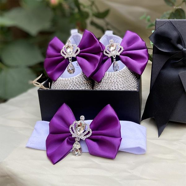 İlk Yürüyüşçüler Dillling Mor Taç Bebek Ayakkabıları Şerit Yay Head Band Set Bling Adı Ballet 100 Günlük Prenses Kız Yürüyüşü