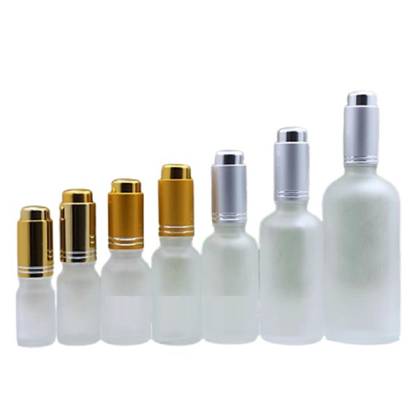 White Frost Runde Glas nachfüllbare Flasche Gold Silber Press Dropper Deckel leere Kosmetikverpackung ätherisches Öl Parfüm Fläschchen 5 ml 10 ml 15 ml 20 ml 30 ml 50 ml 100 ml