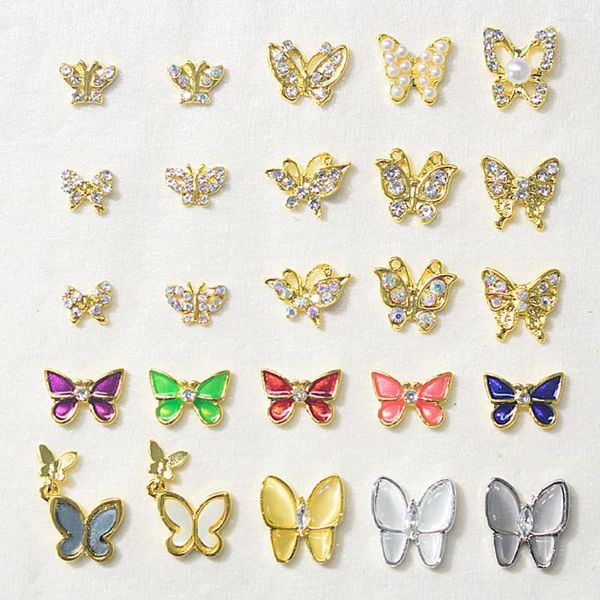 Nagelkunstdekorationen 10 teile/los Metalllegierung Schmetterlingsform 3D Gold Japanischen Stil Charms Glänzende Strasssteine Zubehör JF # 3